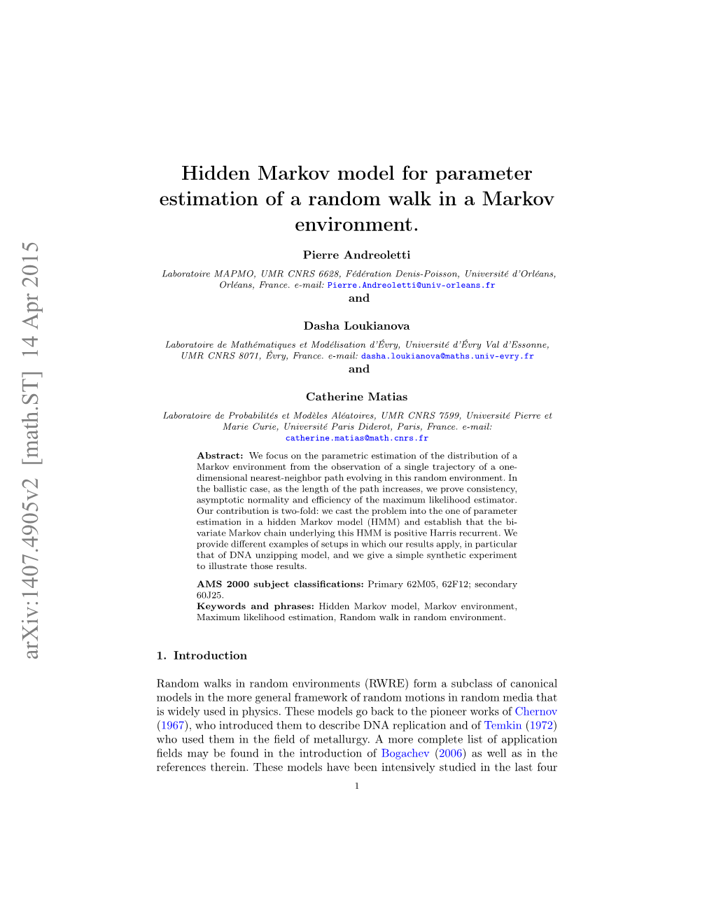 Hidden Markov Model for Parameter Estimation of a Random Walk in a Markov Environment