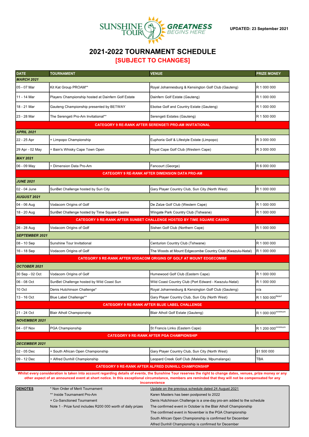 2021-2022 Tournament Schedule [Subject to Changes]