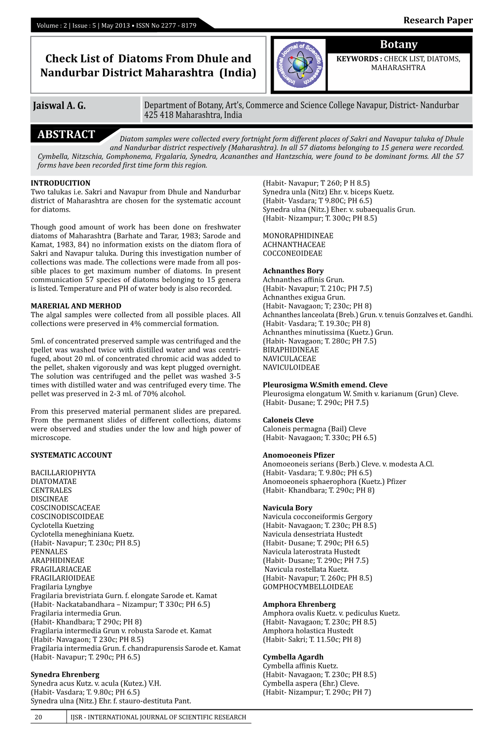 Botany ABSTRACT Check List of Diatoms from Dhule And