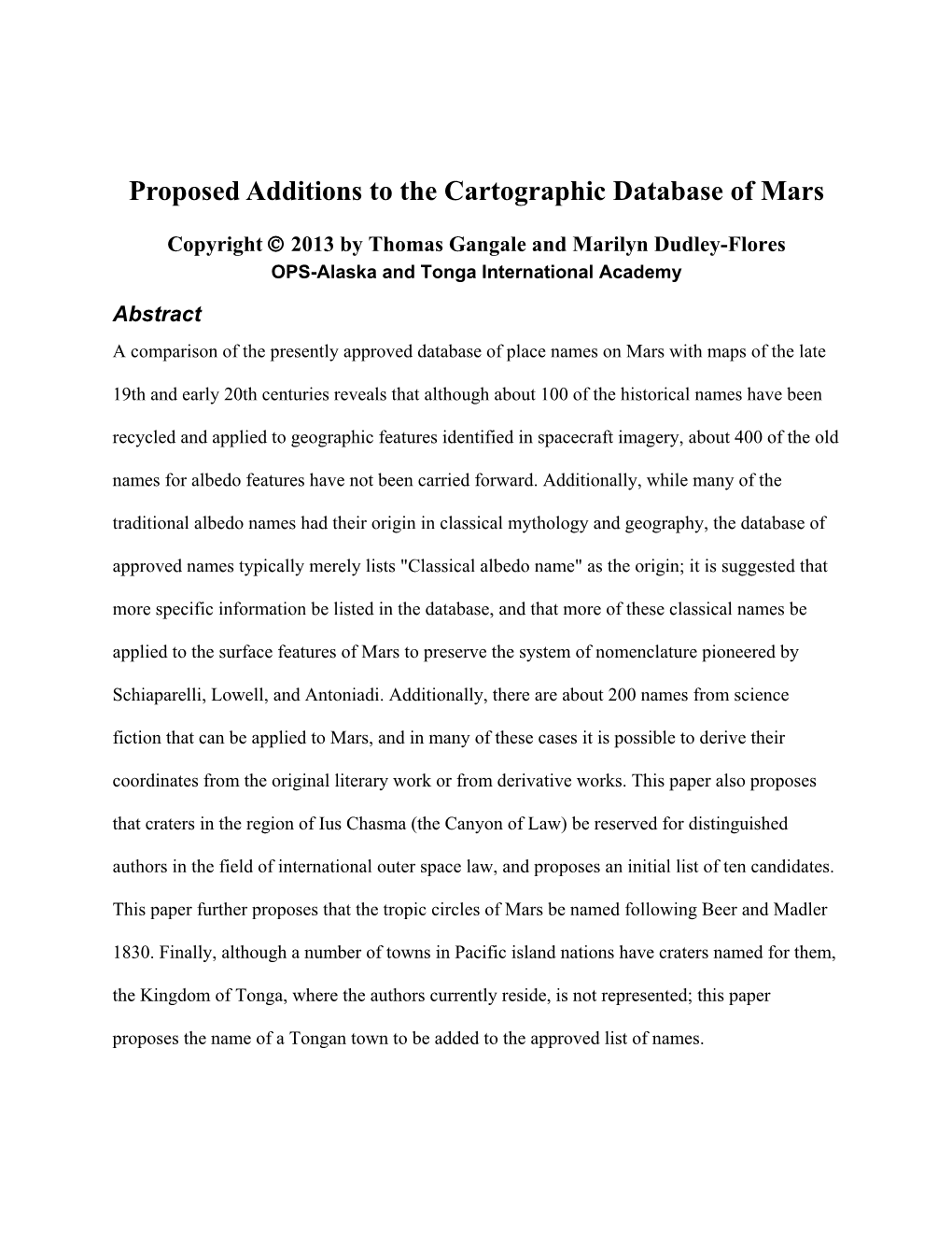 Proposed Additions to the Cartographic Database of Mars