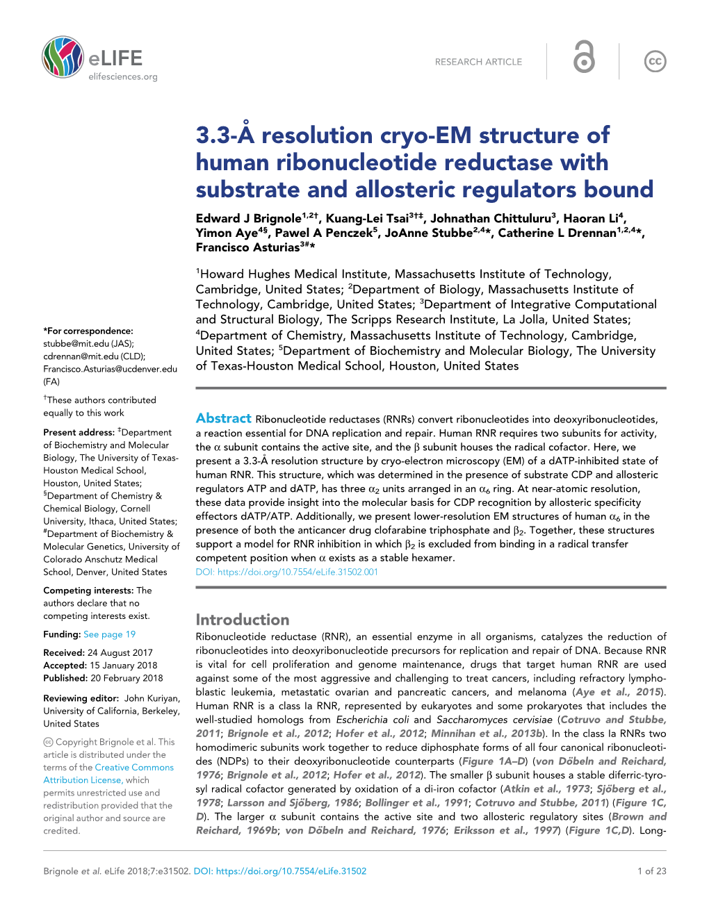 3.3-A˚Resolution Cryo-EM Structure of Human Ribonucleotide Reductase