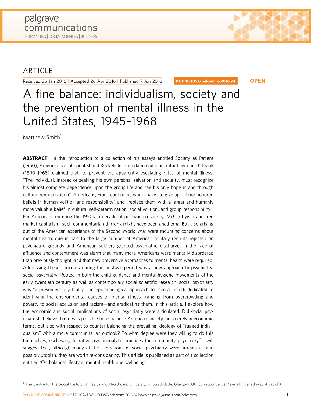 Individualism, Society and the Prevention of Mental Illness in the United States, 1945–1968