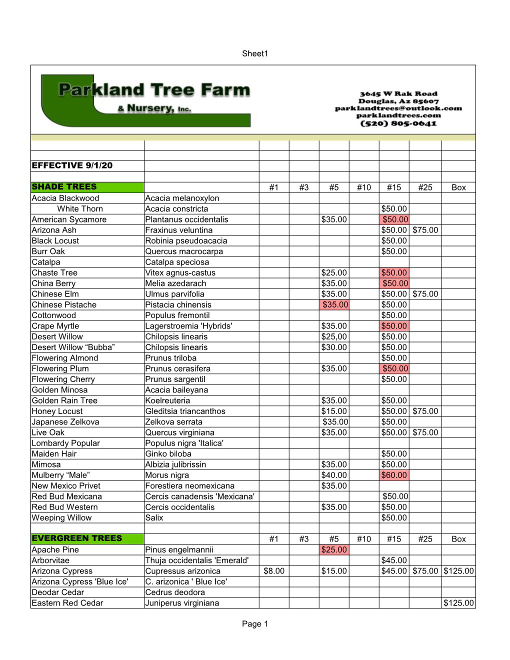 Sheet1 Page 1 EFFECTIVE 9/1/20 SHADE TREES #1 #3 #5 #10 #15