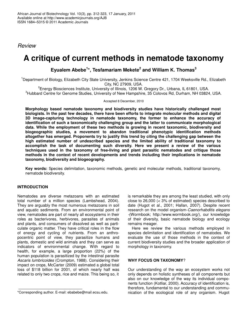 A Critique of Current Methods in Nematode Taxonomy