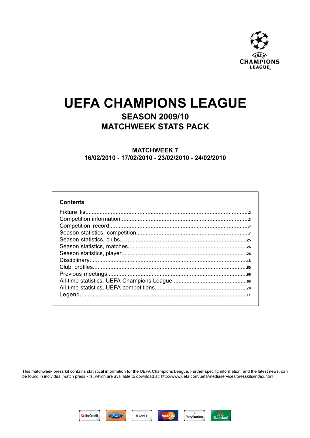 Uefa Champions League Season 2009/10 Matchweek Stats Pack