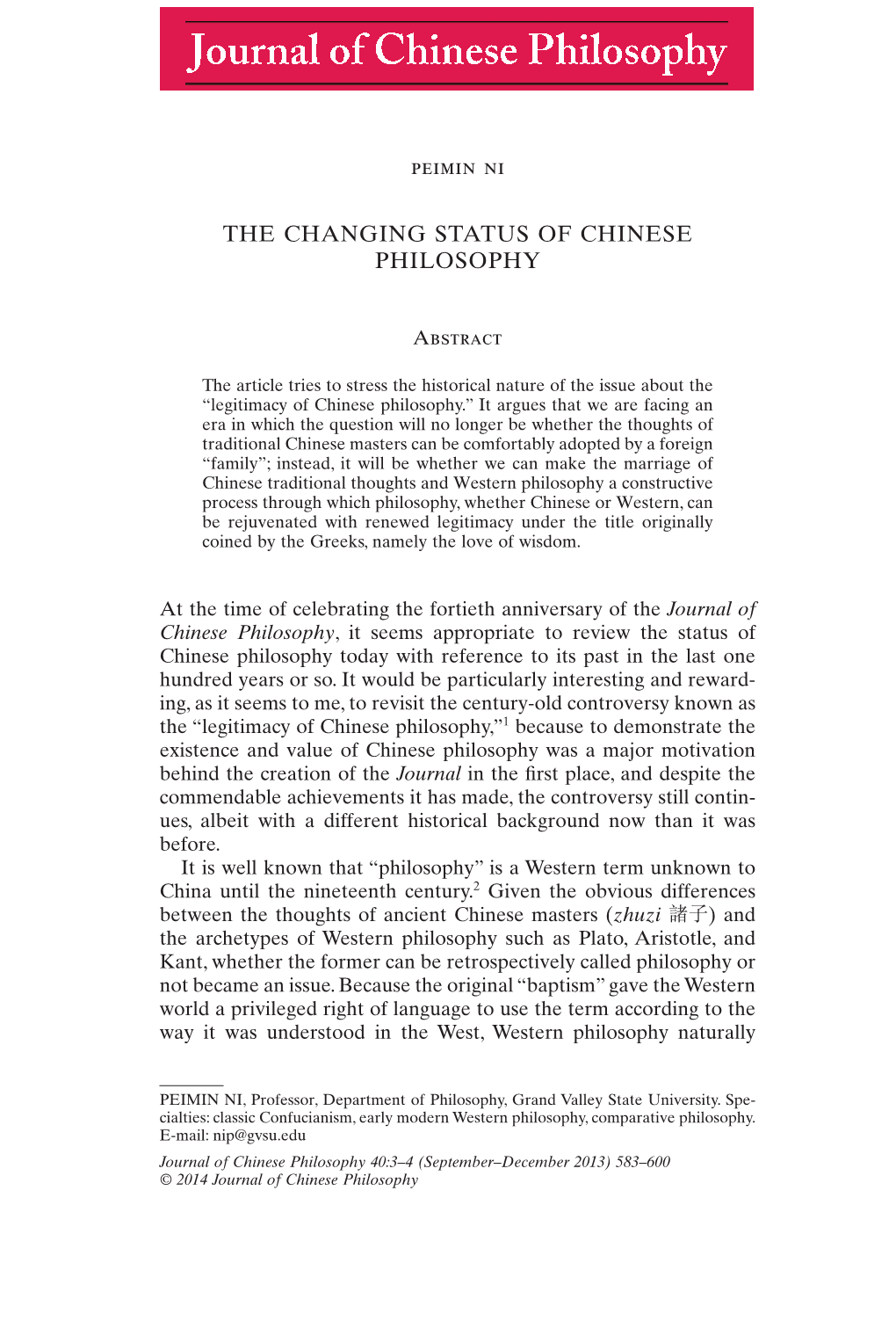 The Changing Status of Chinese Philosophy