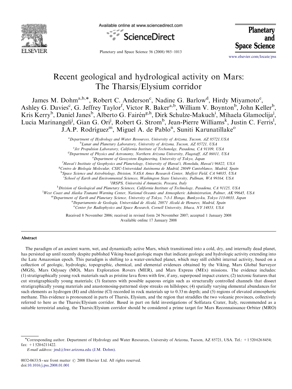 Recent Geological and Hydrological Activity on Mars: the Tharsis/Elysium Corridor