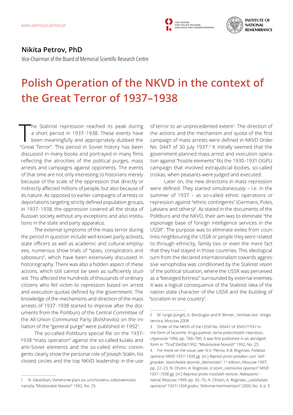 Polish Operation of the NKVD in the Context of the Great Terror of 1937–1938