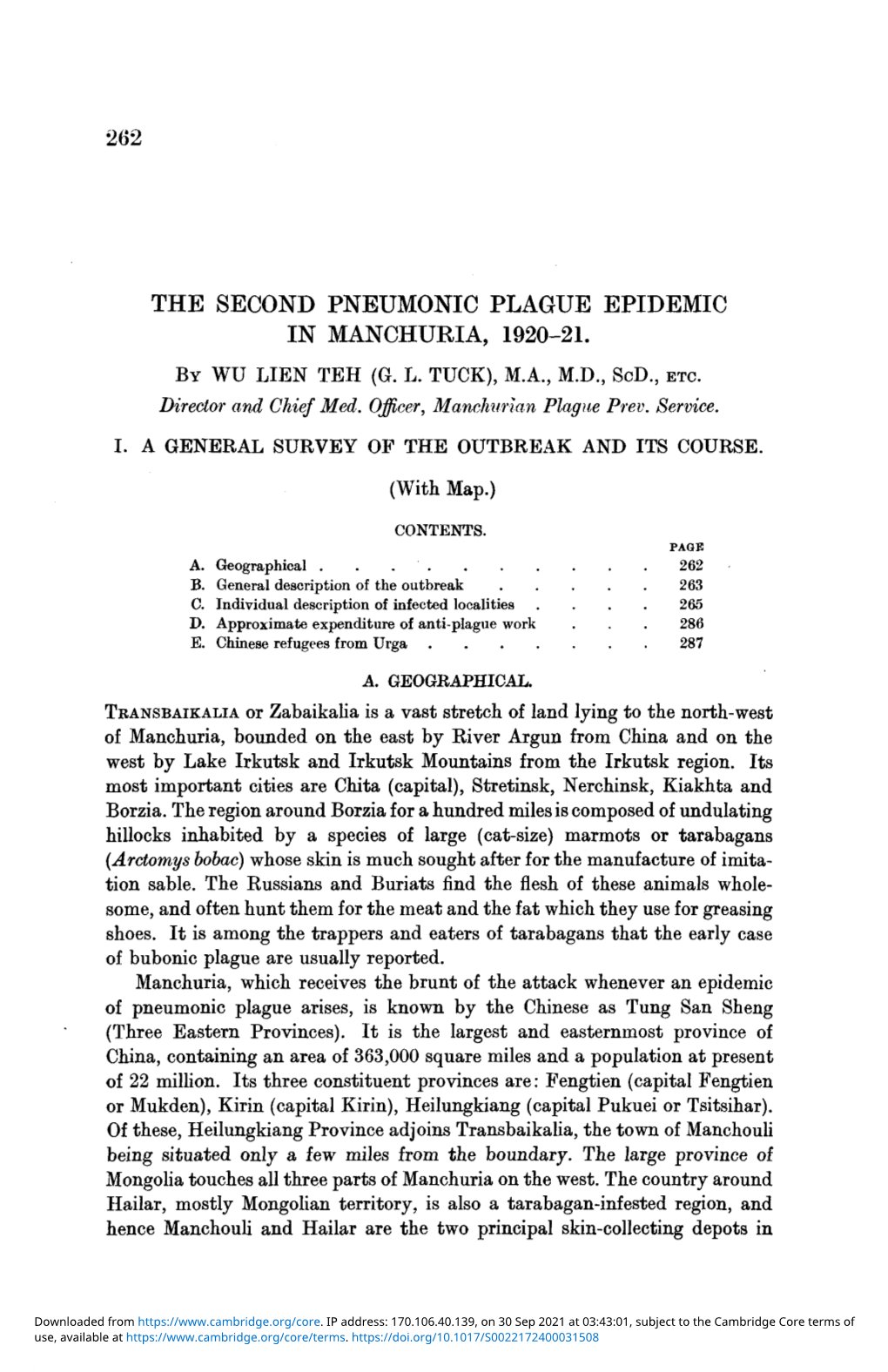 The Second Pneumonic Plague Epidemic in Manchuria, 1920–21. I. a General Survey of the Outbreak and Its Course