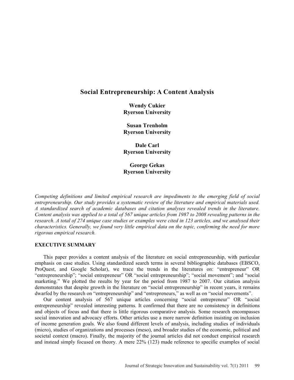 Social Entrepreneurship: a Content Analysis