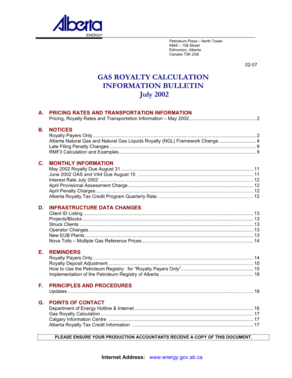 GAS ROYALTY CALCULATION INFORMATION BULLETIN July 2002