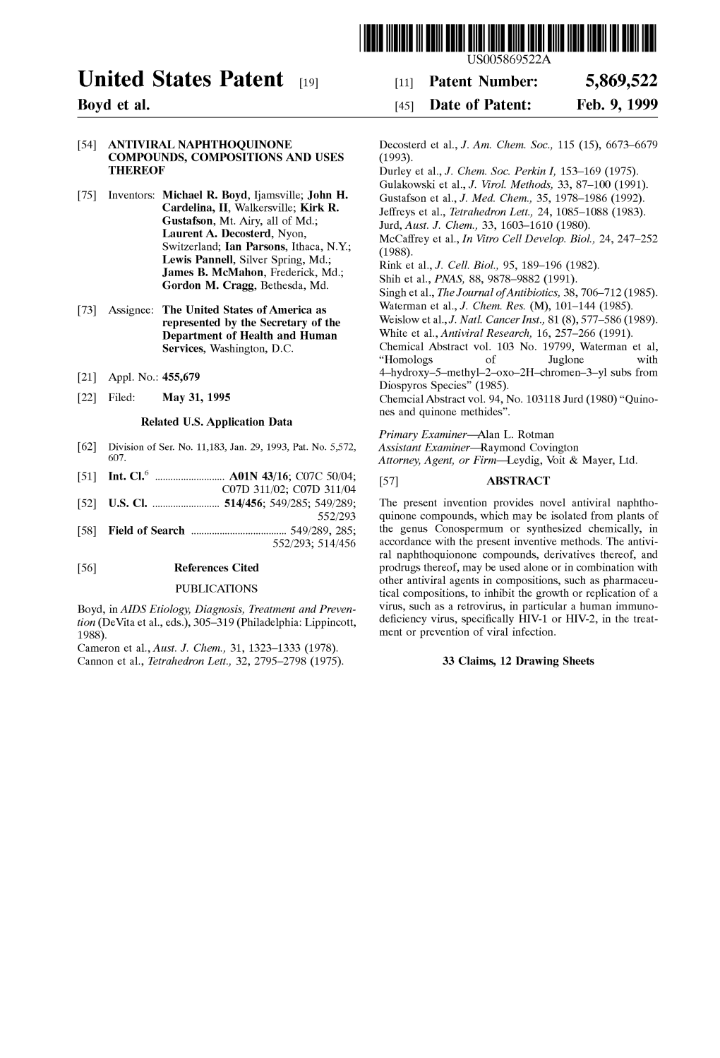 United States Patent (19) 11 Patent Number: 5,869,522 Boyd Et Al