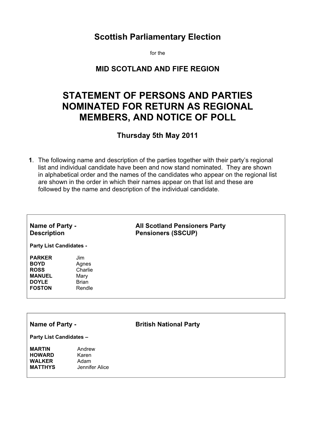 Scottish Parliamentary Election for the Mid Scotland and Fife Region