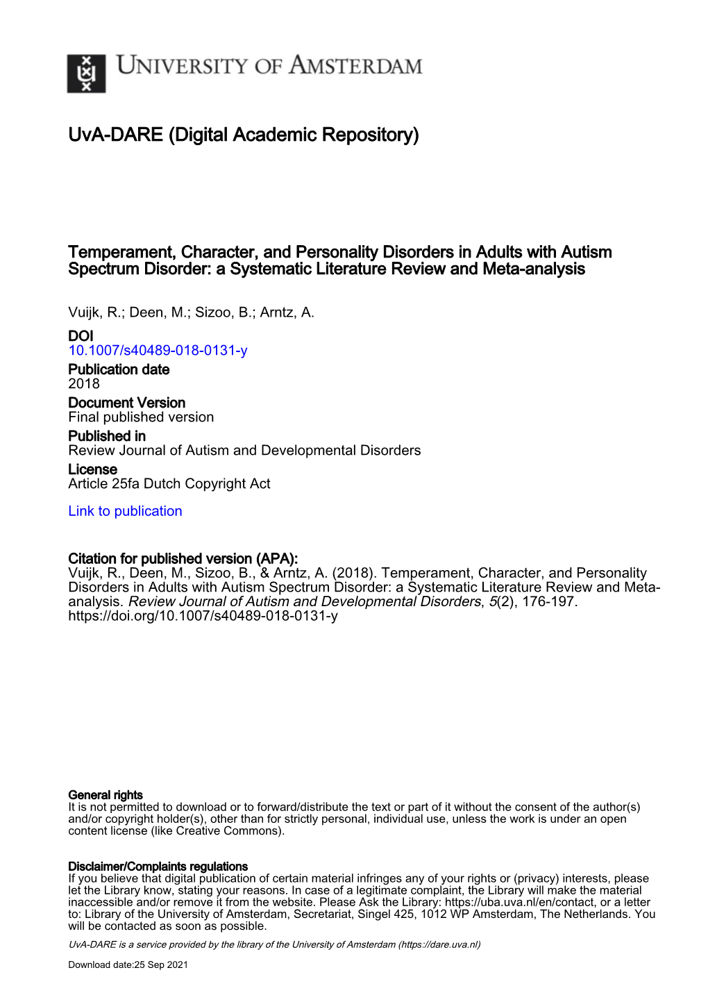 Temperament, Character, and Personality Disorders in Adults with Autism Spectrum Disorder: a Systematic Literature Review and Meta-Analysis