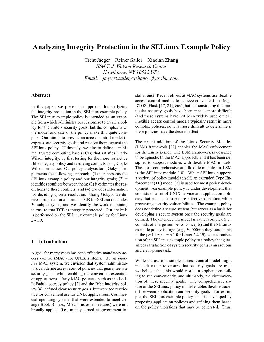 Analyzing Integrity Protection in the Selinux Example Policy