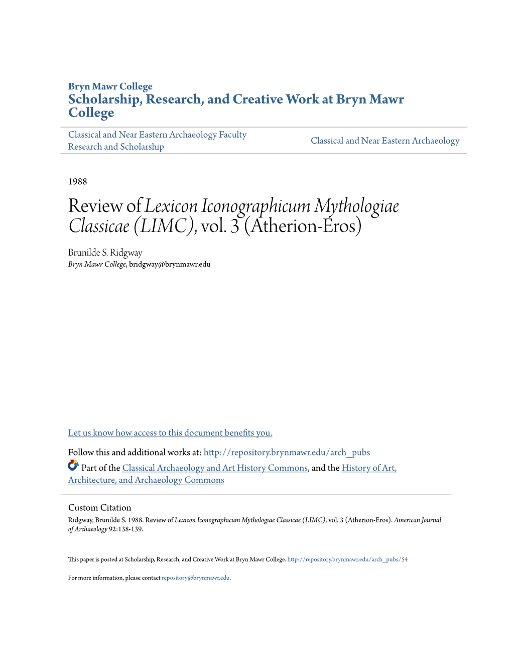 Review of Lexicon Iconographicum Mythologiae Classicae (LIMC), Vol