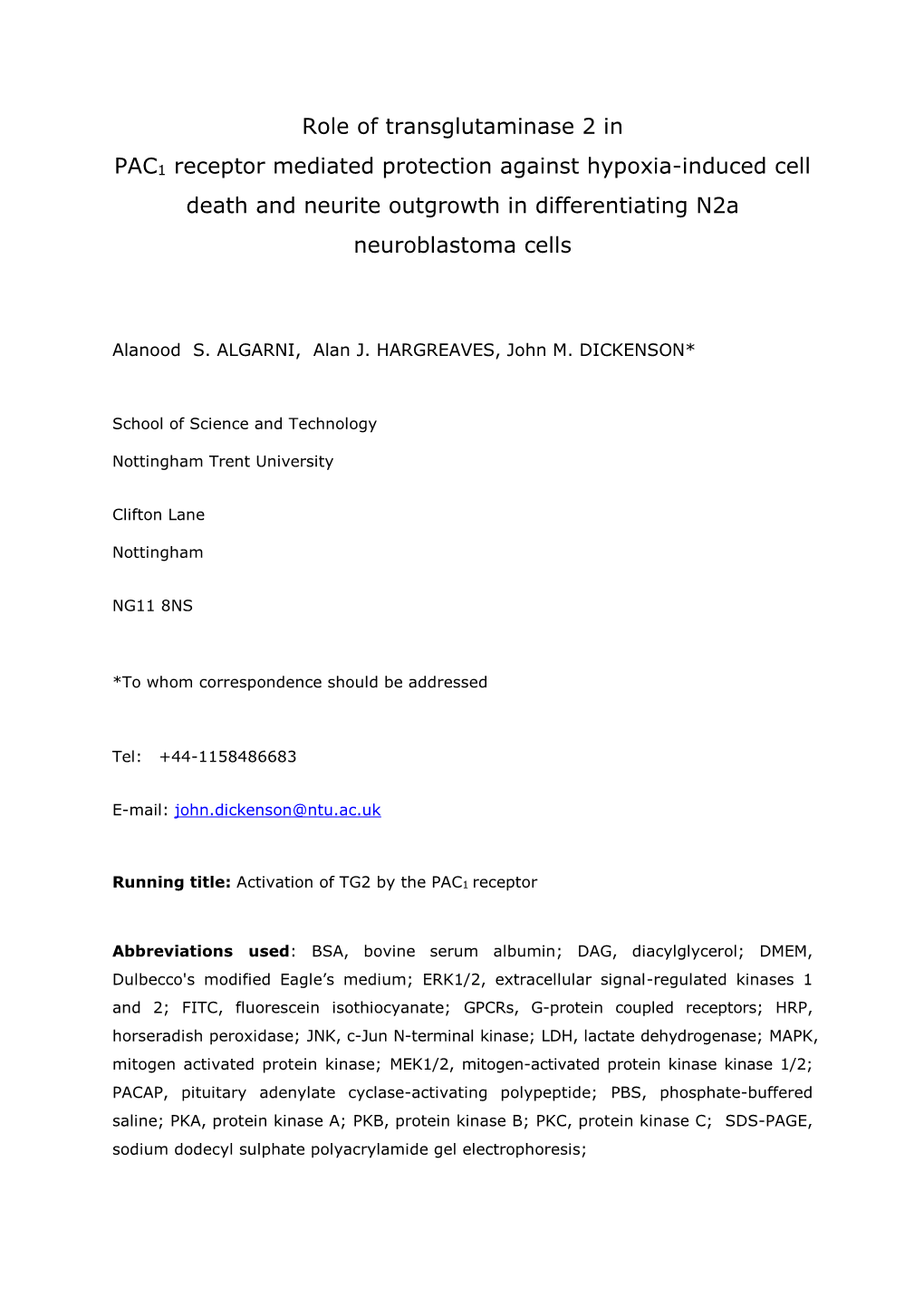 Role of Transglutaminase 2 in PAC1 Receptor Mediated Protection