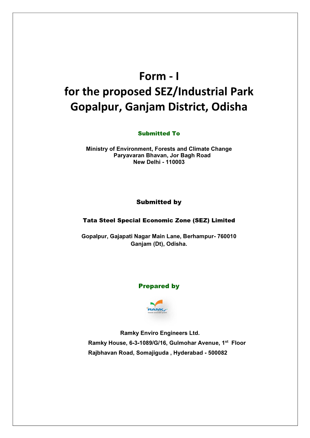 I for the Proposed SEZ/Industrial Park Gopalpur, Ganjam District, Odisha