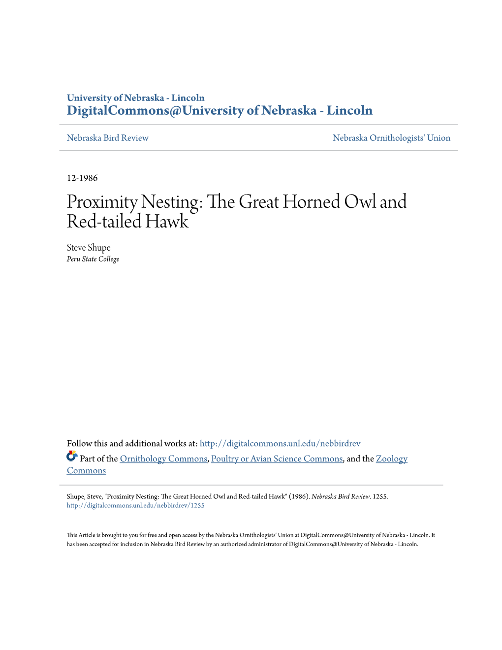 Proximity Nesting: the Great Horned Owl and Red-Tailed Hawk Steve Shupe Peru State College