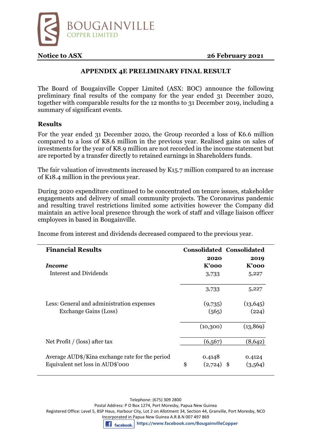 Notice to ASX 26 February 2021 APPENDIX 4E PRELIMINARY