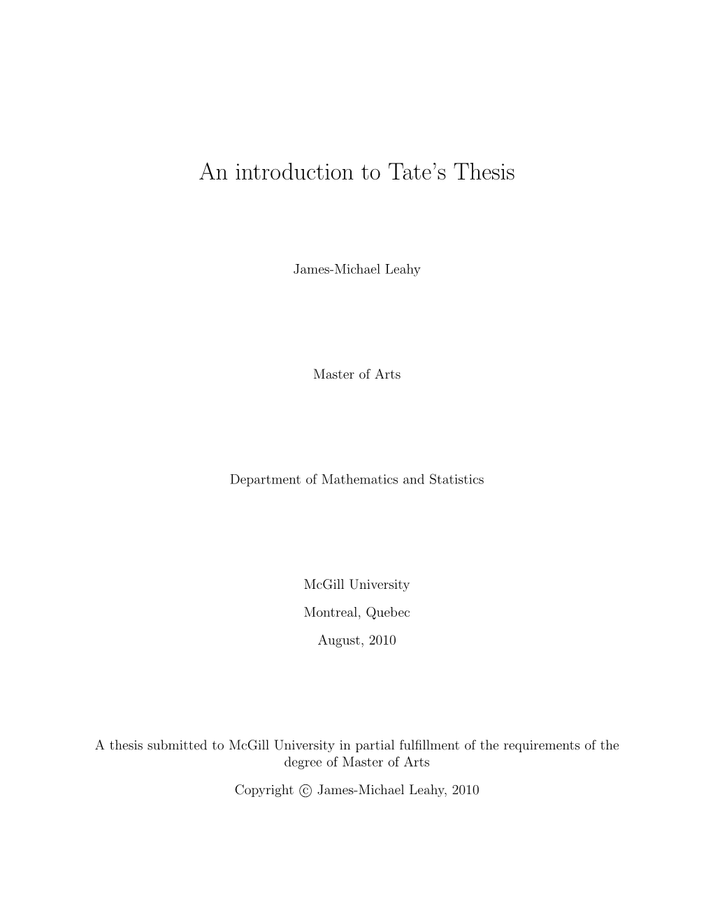 An Introduction to Tate's Thesis