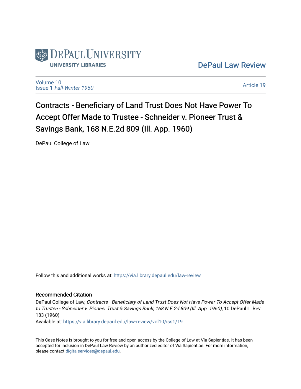 Contracts - Beneficiary of Land Trust Does Not Have Power to Accept Offer Made to Trustee - Schneider V