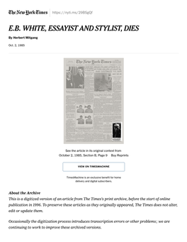 E.B. White, Essayist and Stylist, Dies