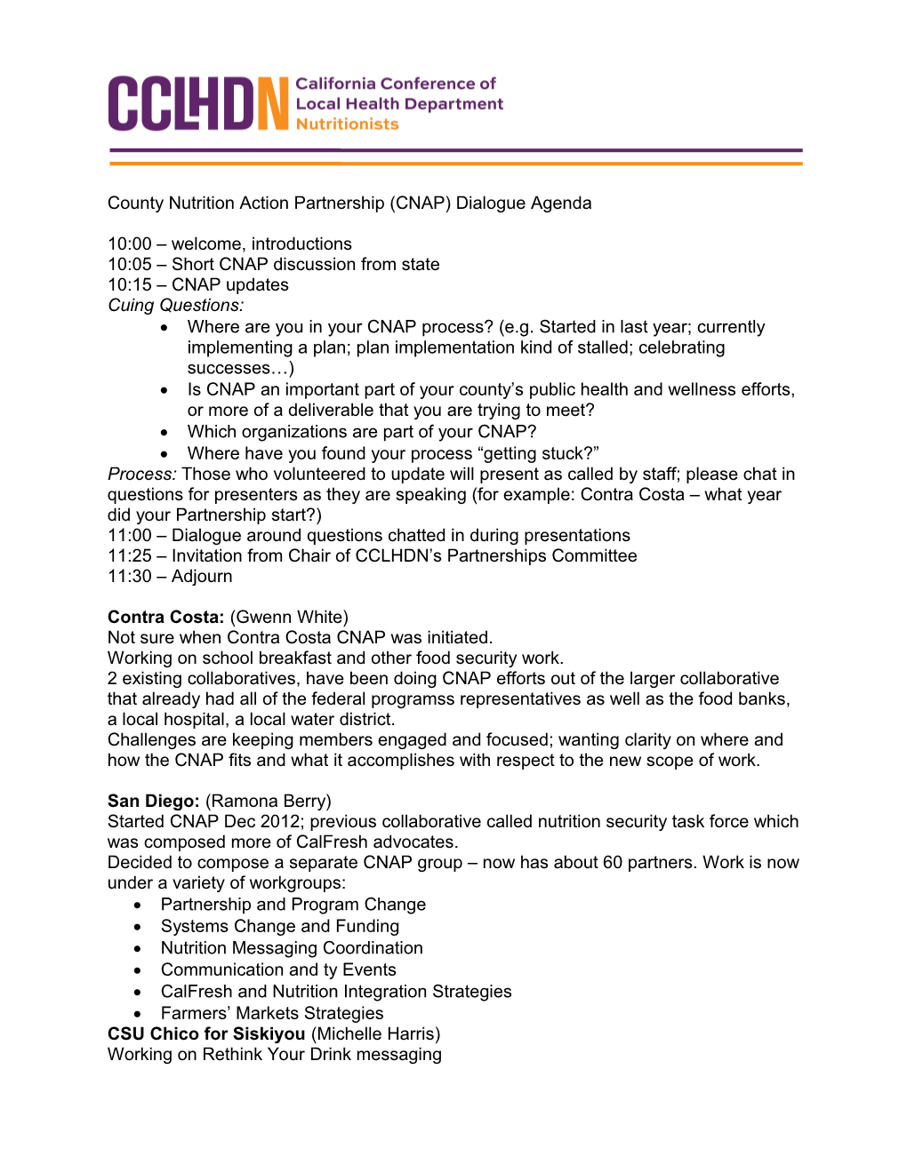 County Nutrition Action Partnership (CNAP) Dialogue Agenda