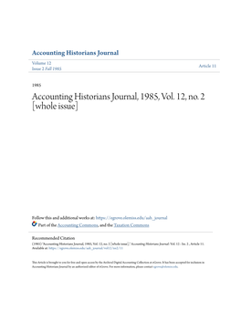 Accounting Historians Journal, 1985, Vol. 12, No. 2 [Whole Issue]