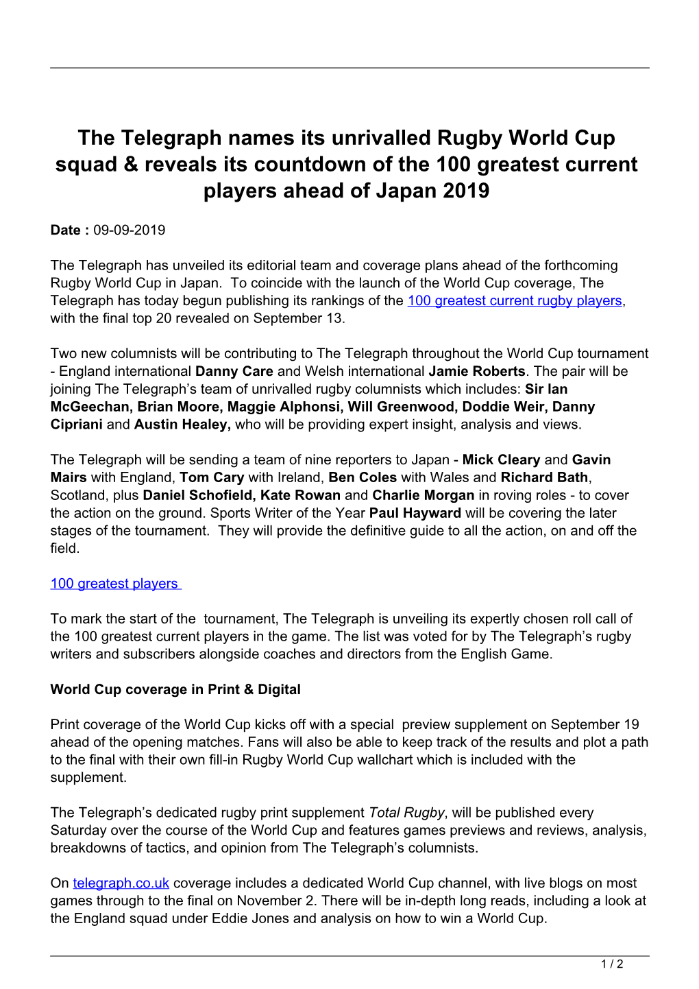 The Telegraph Names Its Unrivalled Rugby World Cup Squad & Reveals Its Countdown of the 100 Greatest Current Players Ahead of Japan 2019