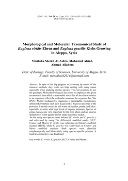 Morphological and Molecular Taxonomical Study of Euglena Viridis Ehren and Euglena Gracilis Klebs Growing in Aleppo, Syria