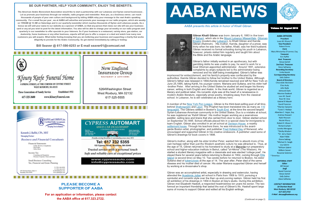 AABA NEWS on 1550AM @ 10 AM on Saturdays and in Our Quarterly Newsletter Which Reaches Thousands of Syrian and Lebanese People