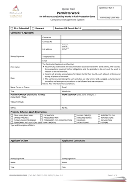 Permit to Work ______For Infrastructure/Utility Works in Rail-Protection-Zone (Filled out by Qatar Rail) Company Management System