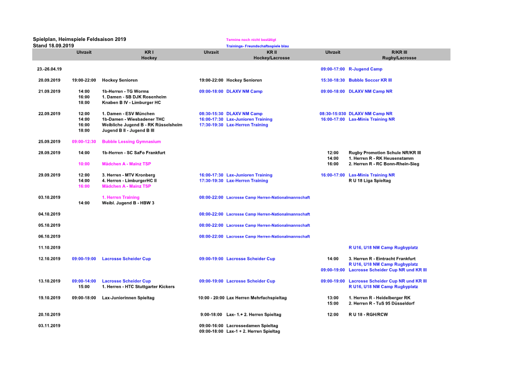 Spielplan, Heimspiele Feldsaison 2019