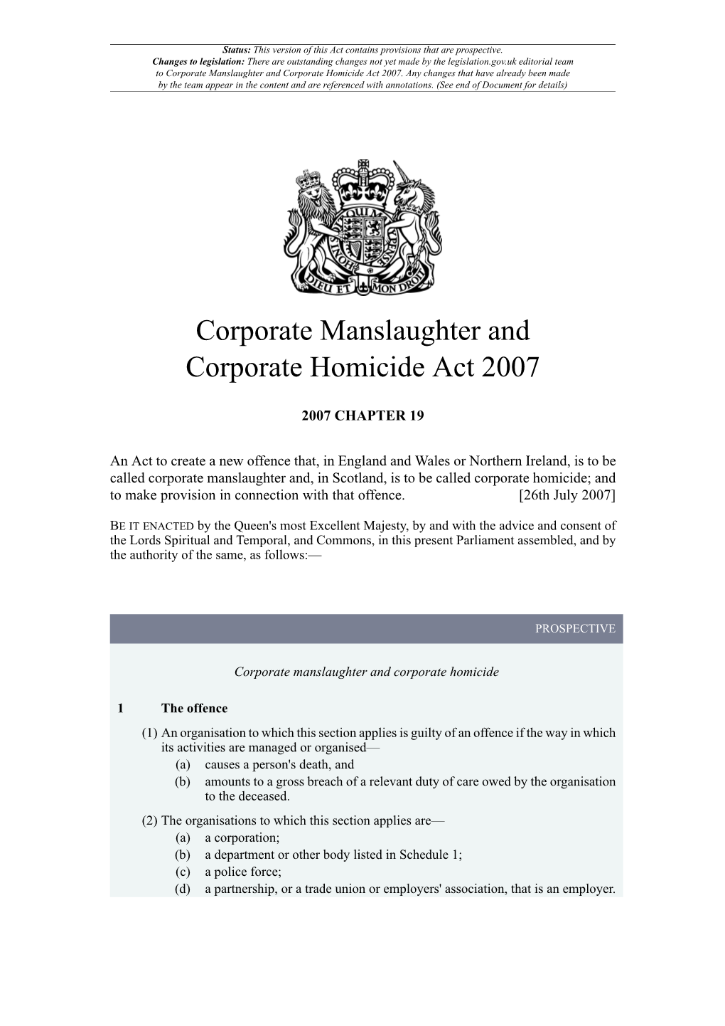 Corporate Manslaughter and Corporate Homicide Act 2007