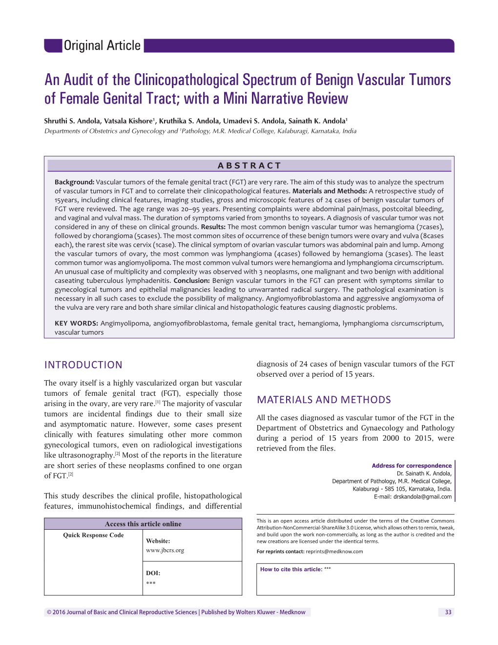 An Audit of the Clinicopathological Spectrum of Benign Vascular Tumors of Female Genital Tract; with a Mini Narrative Review