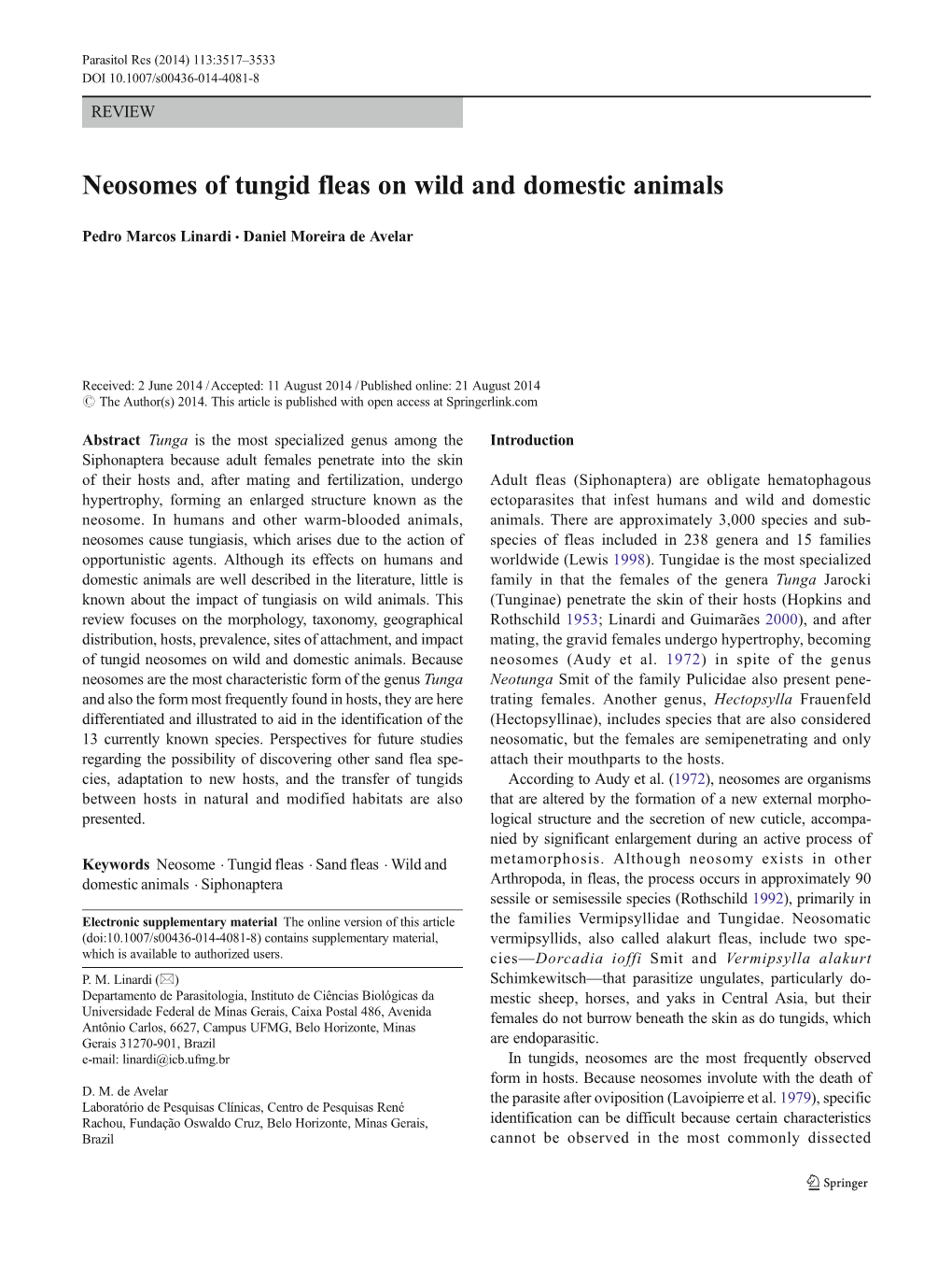 Neosomes of Tungid Fleas on Wild and Domestic Animals