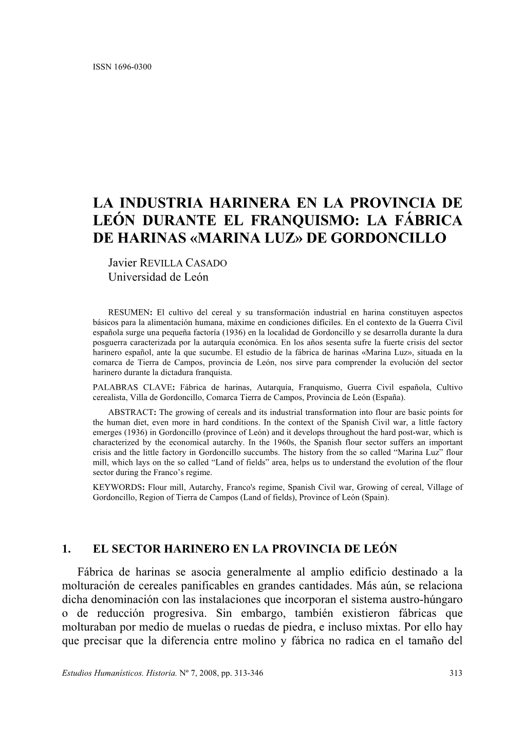 La Industria Harinera En La Provincia De León Durante El Franquismo: La Fábrica De Harinas «Marina Luz» De Gordoncillo