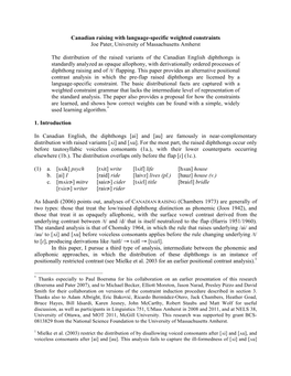Canadian Raising with Language-Specific Weighted Constraints Joe Pater, University of Massachusetts Amherst