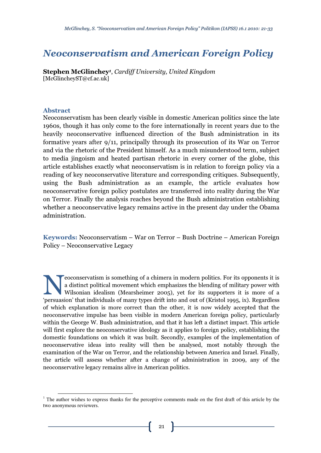 Neoconservatism and American Foreign Policy” Politikon (IAPSS) 16.1 2010: 21-33