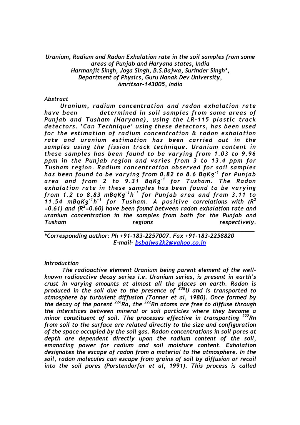 Uranium, Radium and Radon Exhalation Rate in the Soil Samples