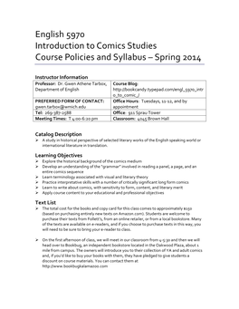English 5970 Introduction to Comics Studies Course Policies and Syllabus – Spring 2014