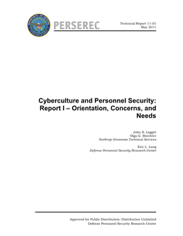 Cyberculture and Personnel Security: Report I – Orientation, Concerns, and Needs