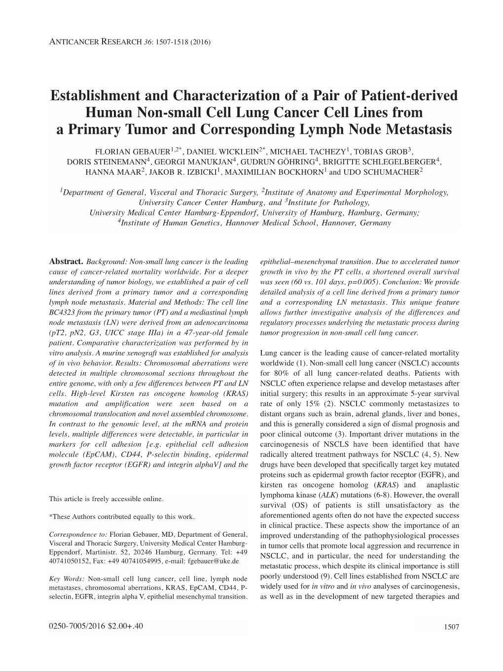 Establishment and Characterization of a Pair of Patient-Derived Human