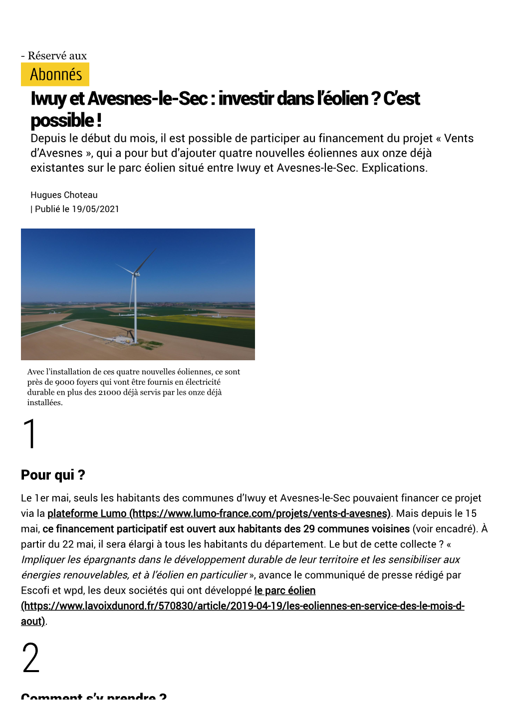 Iwuy Et Avesnes-Le-Sec : Investir Dans L'éolien