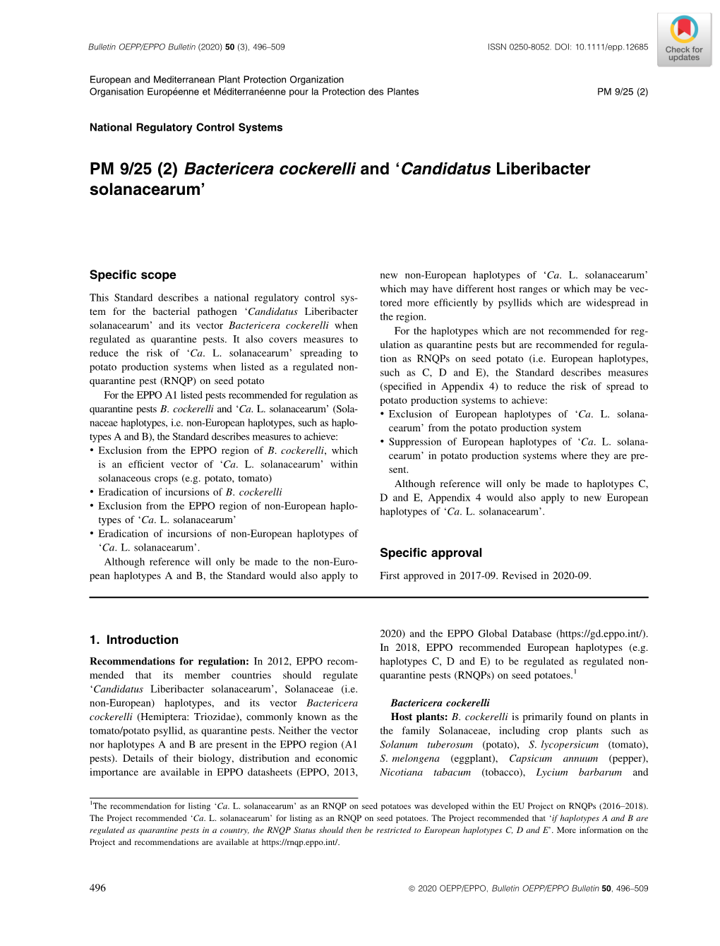 PM 9/25 (2) Bactericera Cockerelli and 'Candidatus Liberibacter Solanacearum'