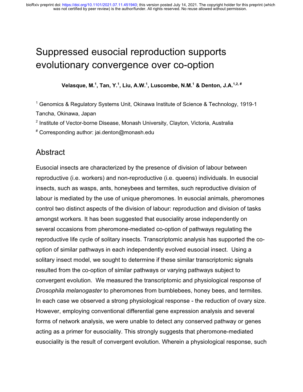 Suppressed Eusocial Reproduction Supports Evolutionary Convergence Over Co-Option