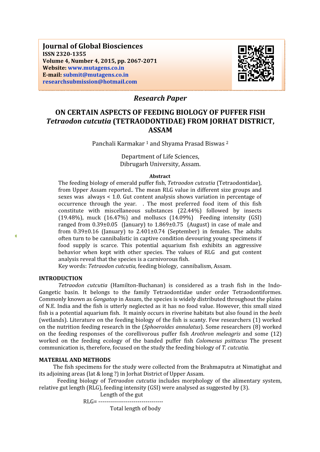 Research Paper on CERTAIN ASPECTS of FEEDING BIOLOGY of PUFFER FISH Tetraodon Cutcutia (TETRAODONTIDAE) from JORHAT DISTRICT, ASSAM