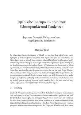Japanische Innenpolitik 2010/2011: Schwerpunkte Und Tendenzen