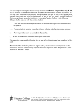 This Is a Complete Transcript of the Oral History Interview with Lemuel Simpson Tucker (CN 366, T1) for the Billy Graham Center Archives